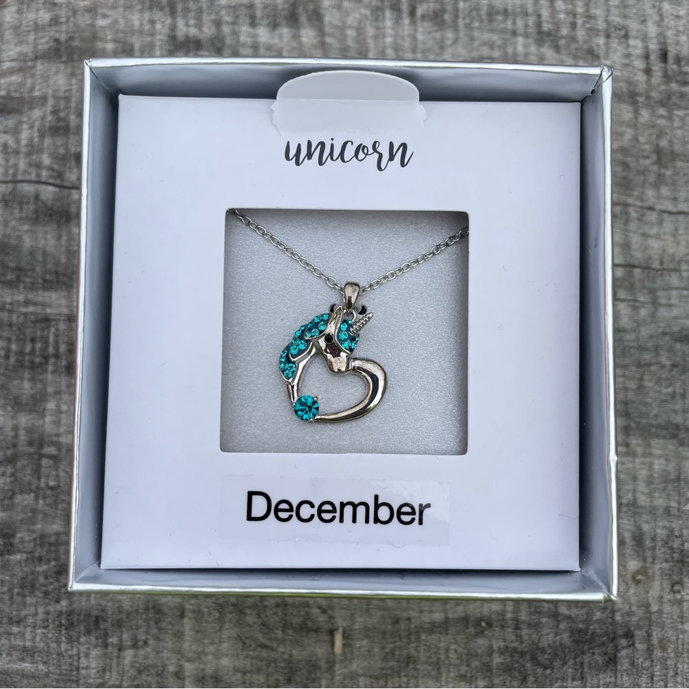 December turquoise blue and silver heart unicorn necklace - Picture 1 of 6